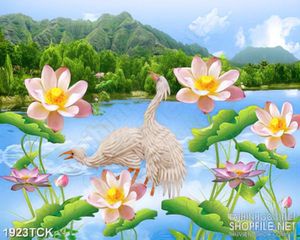 Tranh đôi hạc trắng bên những bông sen hồng trang trí