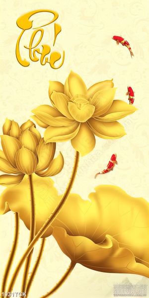 Tranh sơn dầu sen vàng và cá chép bên chữ phúc trang trí