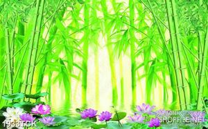 Tranh sơn dầu hoa sen tím trong rừng trúc xanh in uv