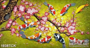 Tranh decor hồ cá koi sơn dầu dưới cành hoa đào nở rộ