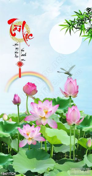 Tranh sơn dầu  hồ hoa sen khoe sắc bên ánh cầu vồng