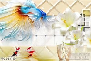 Tranh sơn dầu cá  sim betta bên bông ly trắng in treo tường