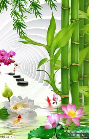Tranh 3d sơn dầu cá chép nhảy trên mặt hồ hoa sen trắng