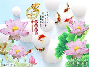 Tranh những bông sen bên đàn cá chép in treo tường