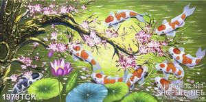 Tranh sơn dầu cá koi trong hồ dưới gốc hoa đào trang trí