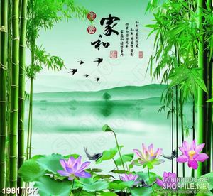 Tranh in uv khu rừng tre xanh bên hồ hoa sen sơn dầu