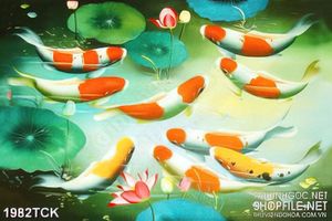 Tranh sơn dầu cá koi dưới hồ hoa sen in canvas