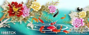Tranh rừng hoa mẫu đơn trên hồ cá chép sơn dầu
