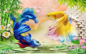 Tranh in 3d đôi cá  sim betta quẩy đuôi trên mặt hồ sen
