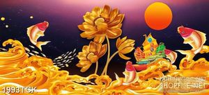 Tranh cá chép bên những bông sen vàng in treo tường