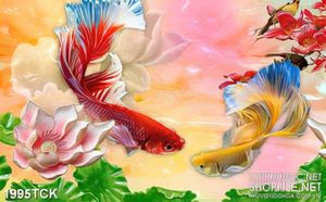Tranh sơn dầu đôi cá  sim betta quẩy đôi trong hồ giả ngọc