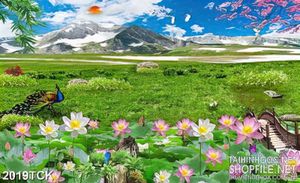Tranh trang trí cây cầu nhỏ giữa hồ sen sơn dầu trong rừng