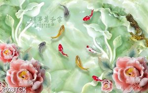 Tranh decor hoa sen và đàn cá chép vàng giả ngọc