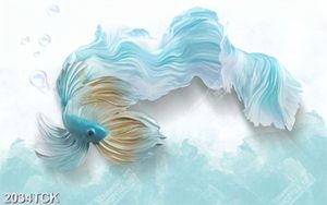 Tranh in canvas chú cá chép màu xanh vẫy đuôi xinh đẹp