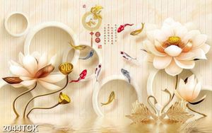 Tranh psd hoa sen cá chép đôi thiên nga trắng in tường