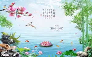 Tranh in uv thủy mạc đầm hoa sen và đàn cá chép vàng