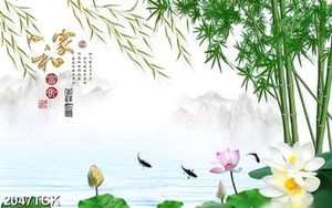 Tranh thủy mạc đầm hoa sen hồng và đàn cá chép in 3d