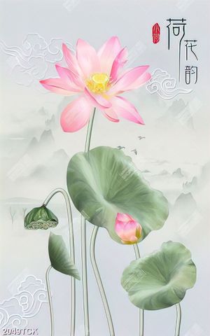 Tranh in canvas đám mây và bông hoa sen hồng khoe sắc