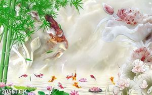 Tranh giả ngọc hồ cá chép vàng bên bụi tre xanh in tường