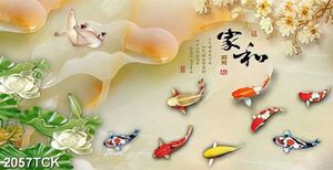 Tranh bông hoa sen trắng và đàn cá koi trong hồ nước