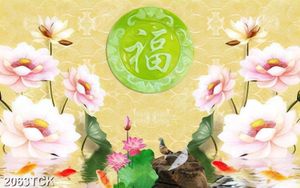 Tranh trang trí hồ hoa sen hồng khoe sắc bên chữ hán