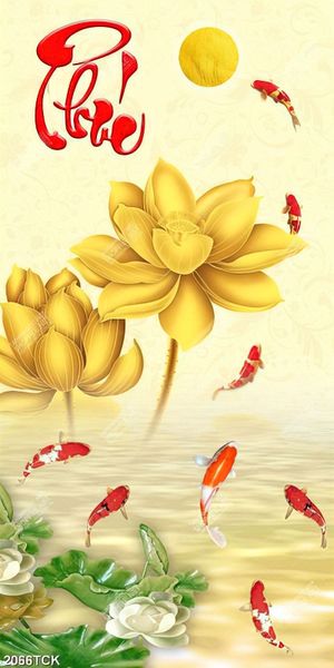 Tranh in tường những bông sen vàng bên cá chép vàng