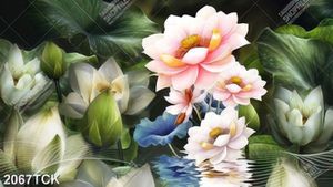 Tranh giả ngọc hoa sen hồng trong hồ cá chép về đêm
