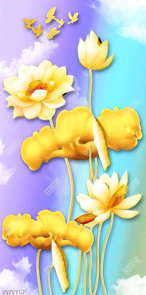 Tranh những bông sen vàng bên đàn chim dáp vàng