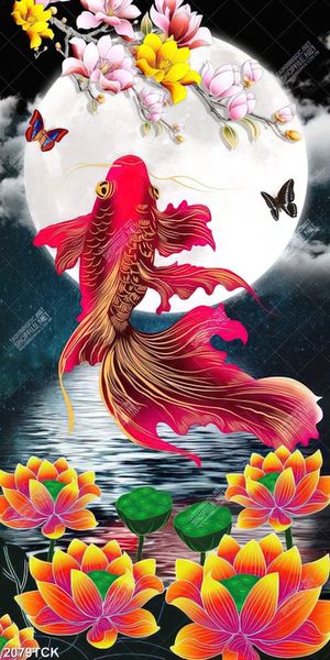 Tranh in canvas chú cá chép màu đỏ bên trăng tròn