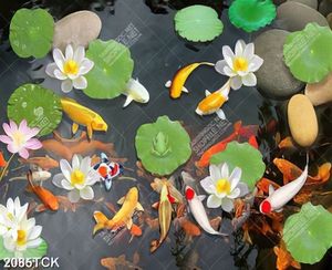 Tranh sơn dầu đàn cá chép trong hồ hoa sen khoe sắc