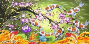 Tranh bông hoa sen tím và cá chép bên cành anh đào