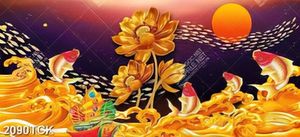 Tranh hồ hoa sen và cá chép dưới ánh trăng vàng psd