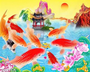 Tranh thủy mạc đầm hoa sen và đàn cá chép vàng in 8d
