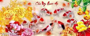 Tranh in canvas đàn cá chép bên bông hoa mẫu đơn đỏ