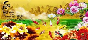 Tranh đàn cá chép bên hồ hoa sen vàng và mẫu đơn