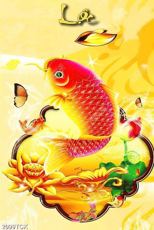 Tranh hoa sen cá chép bên chữ lộc trang trí tường