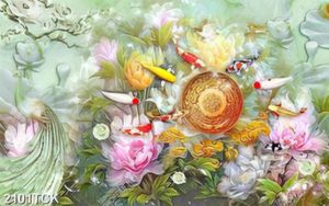 Tranh đàn bướm xinh trên hồ cá chép hoa sen hồng