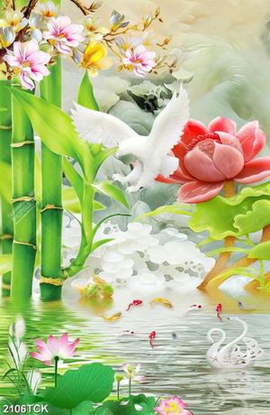 Tranh in uv chú chim đại bàng trắng bên hồ hoa sen hồng