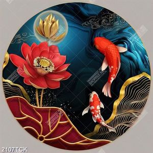 Tranh bông hoa sen màu đỏ bên chú cá chép vàng in 3d