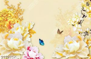 Tranh nghệ thuật đàn bướm bay bên bông mẫu đơn vàng