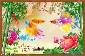 Tranh in tường đầm hoa sen giả ngọc và cá chép vàng