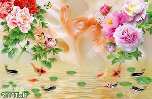 Tranh những cành hoa mẫu đơn bên hồ cá chép vàng
