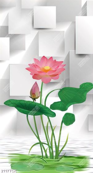 Tranh bông hoa sen hồng trong hồ cá chép vàng rực rỡ