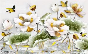Tranh thêu hoa sen cá chép bên đàn chim non bay lượn