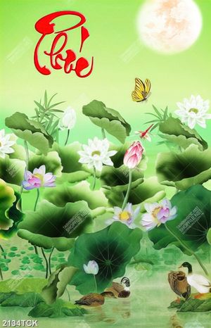 Tranh psd hoa sen cá chép bên những chú vịt trời trong hồ