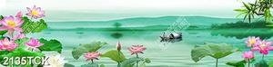Tranh hồ hoa sen hồng và người lái đò trên sông psd