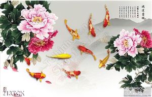 Tranh hoa sen, cá chép và mẫu đơn