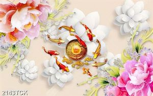 Tranh cá chép bên những bông hoa mẫu đơn in 5d