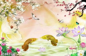 Tranh hoa sen cá chép vàng trong hồ trang trí tường
