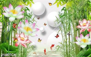 Tranh dán tường hồ cá chép vàng và đàn bướm bay lượn